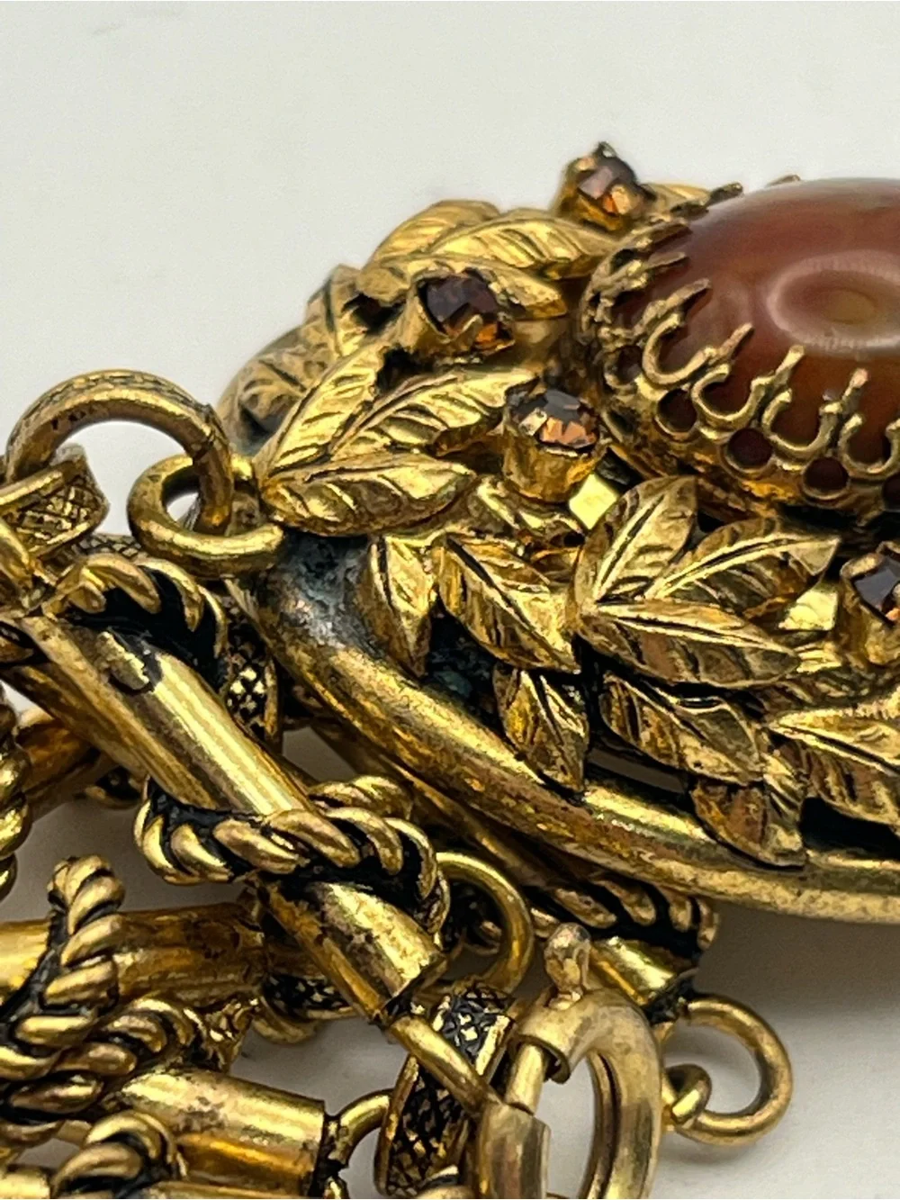 Victorian revival brown cabochon gold tone leaf rhinestone bracelet vintage